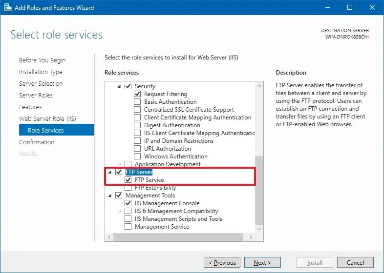 FTP Server feature selection