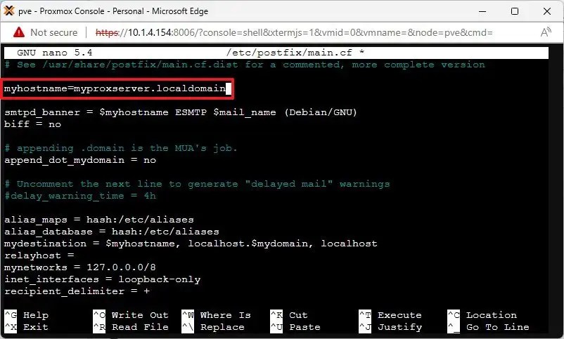 Proxmox main.cf change name