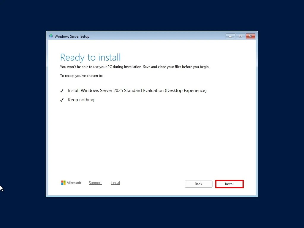 Windows Server 2025 install button