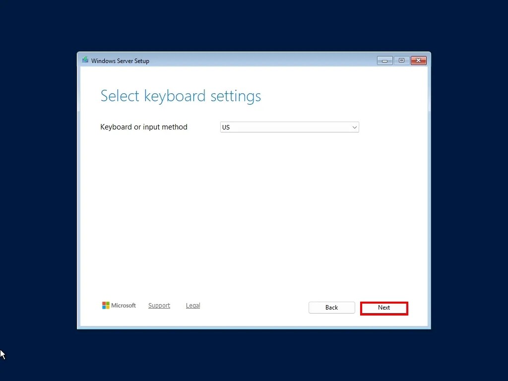 Windows Server 2025 select keyboard