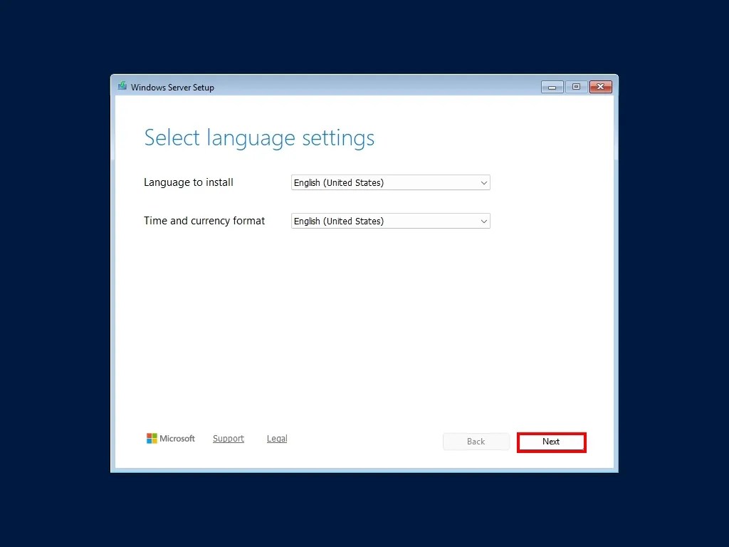 Windows Server 2025 select language
