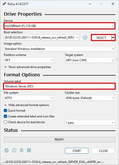 Rufus create Windows Server 2025 USB