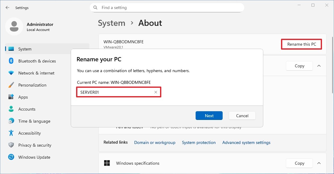 Windows Server Settings change name