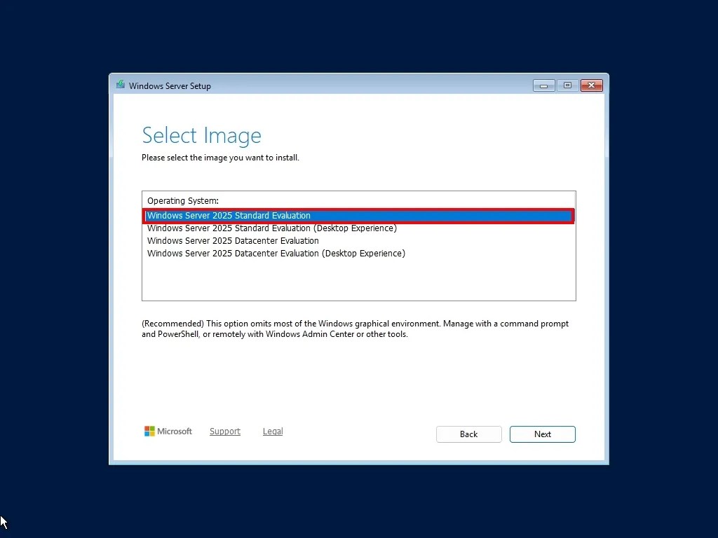 Windows Server 2025 Core select image