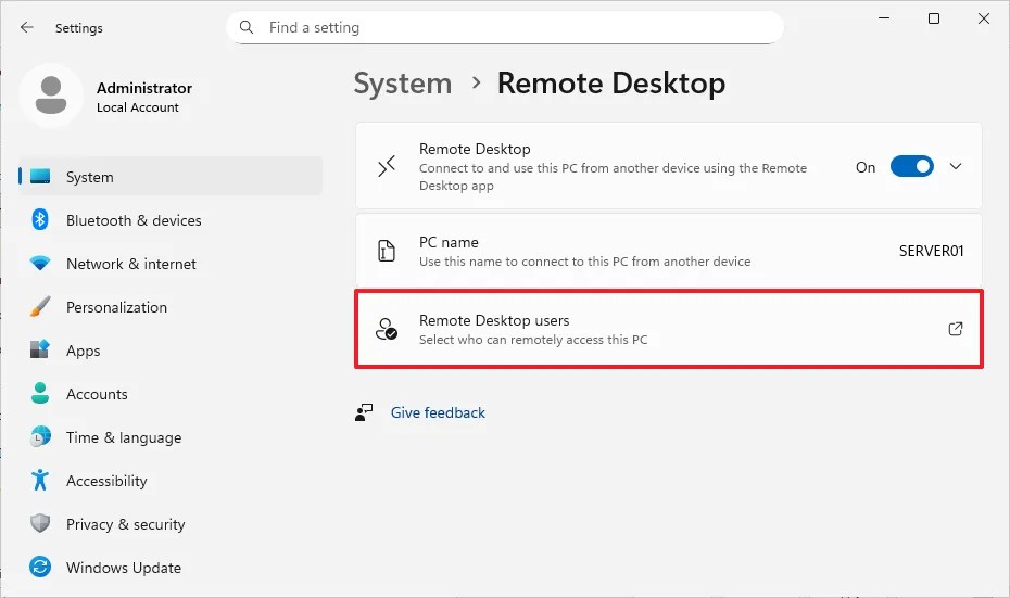 Windows Server 2025 Settings Remote Desktop Users