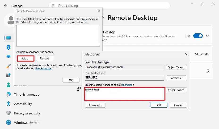Add users for Remote Desktop