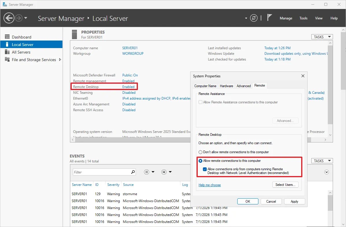 Server Manager enable Remote Desktop