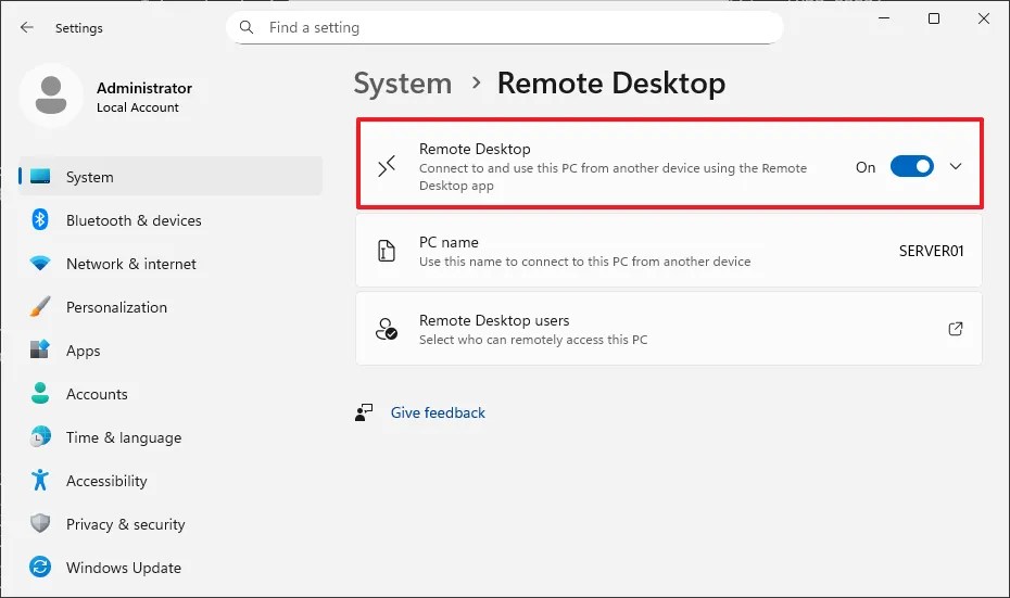 Enable Remote Desktop from Settings