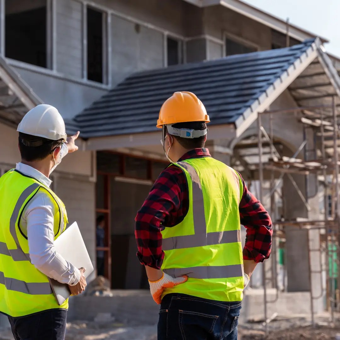 Des techniciens vérifient l'avancement d'un projet sur un chantier.