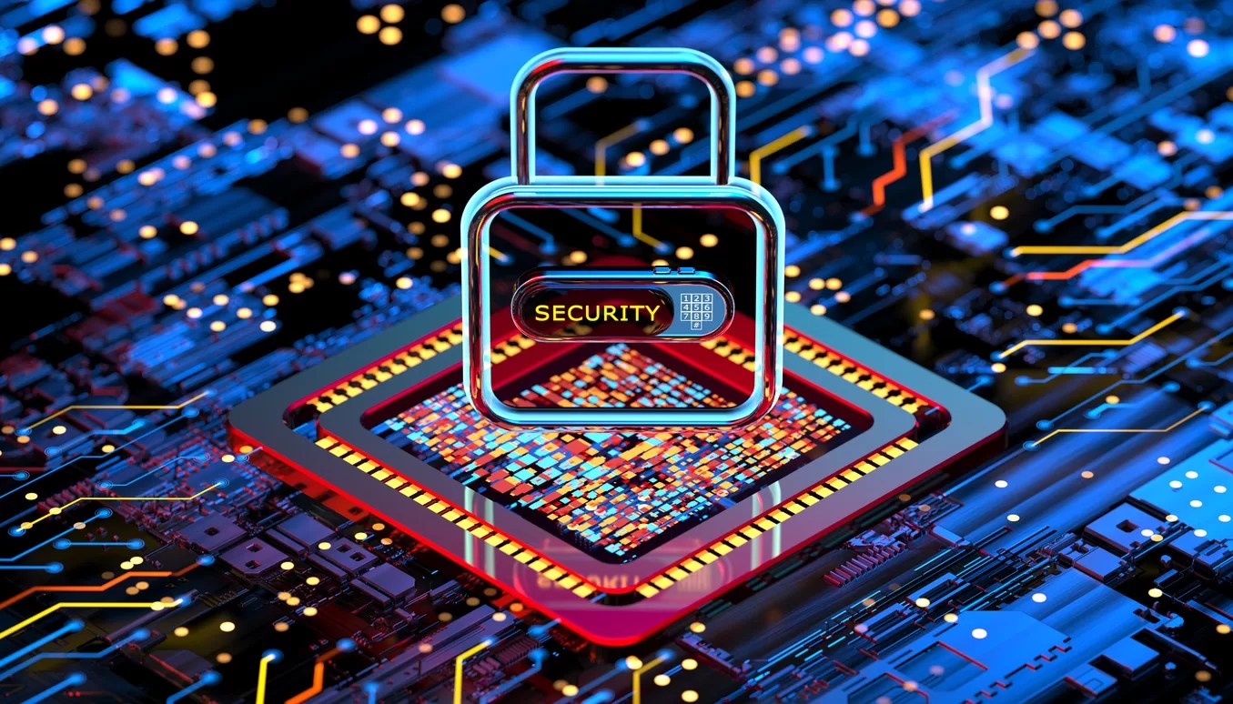 Enterprise laptop displaying built-in security features like biometric authentication and hardware-enforced memory encryption