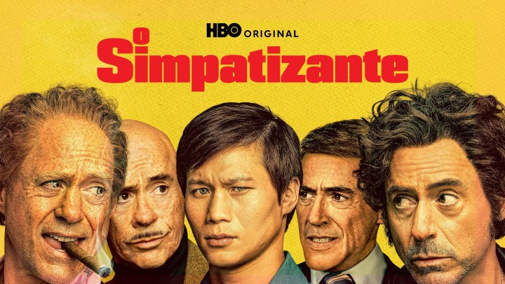 Pôster da série 'O Simpatizante' da HBO, apresentando cinco personagens principais em primeiro plano, com um fundo amarelo vibrante.