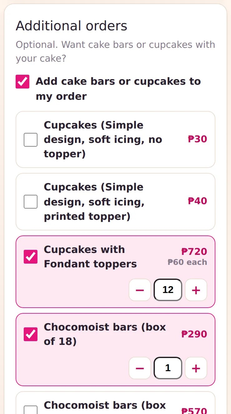 Additional orders list with cupcakes and Chocomoist bars ticked, quantities and prices