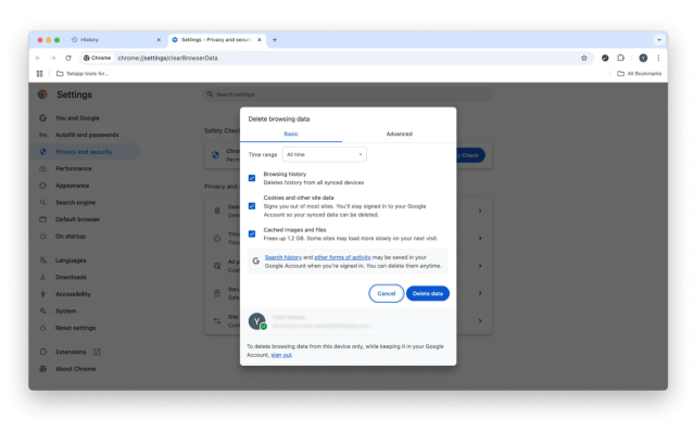 Chrome delete browsing data