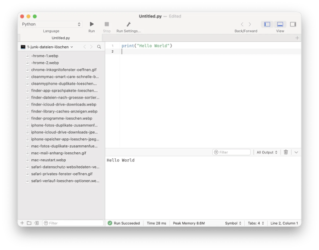 The Hello World output in CodeRunner, a code editing app that os available on Setapp.