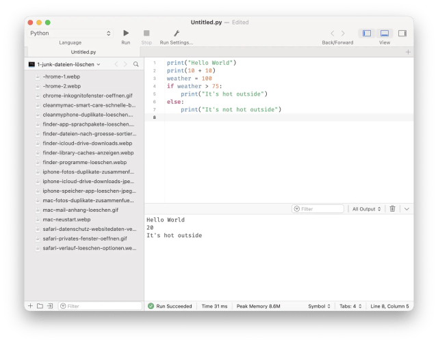 The code sample for Python in CodeRunner, a code editing app that is available on Setapp.