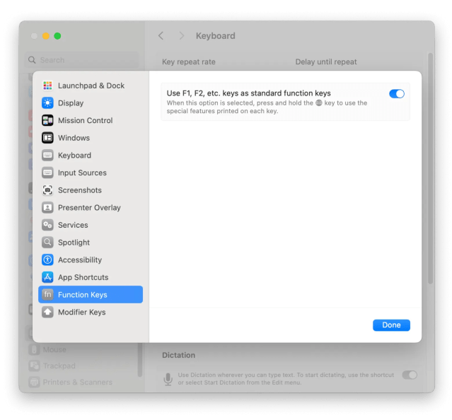 Function keys settings on Mac