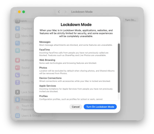 Enabling lockdown mode on Mac