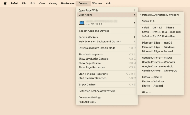Safari develop menu user agent