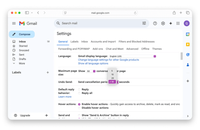 Settings undo send Gmail