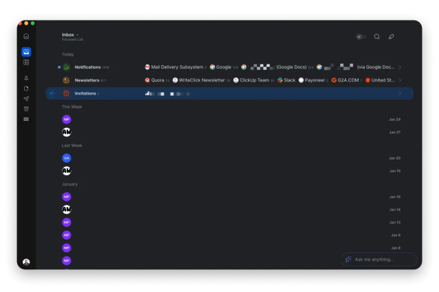 The inbox interface of Spark Mail, a smart email client available on Setapp.