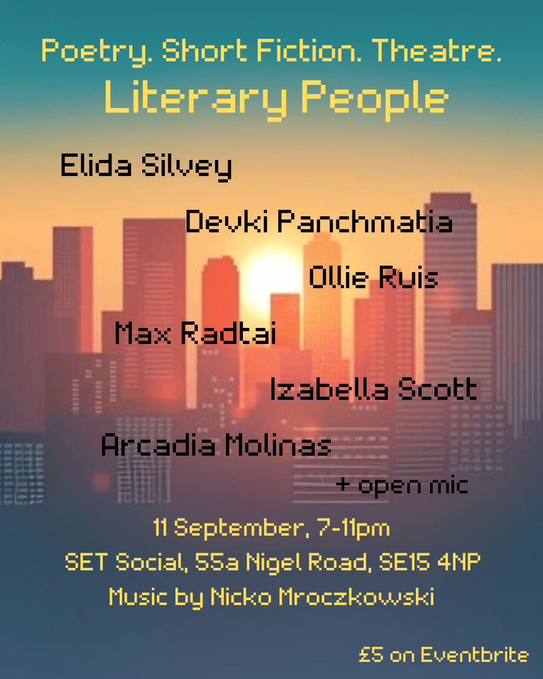 City skyline with sunsetting in the background. Literary people in yellow text on top.