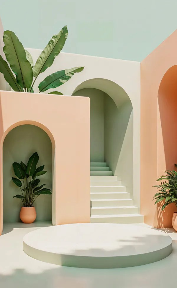 Pastel architectural scene with arched doorways, stairs, and potted plants