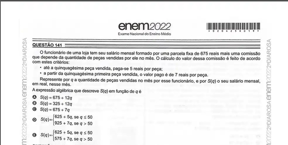 Questão 141 do segundo dia do Enem 2022.