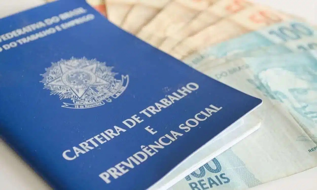 Carteira de trabalho posicionada em cima de notas representando o salário do trabalhador - 13º