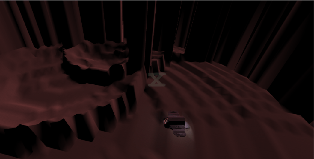 a red 3d surface with several small, aliased crater shapes overlapping each other in front of a space ship