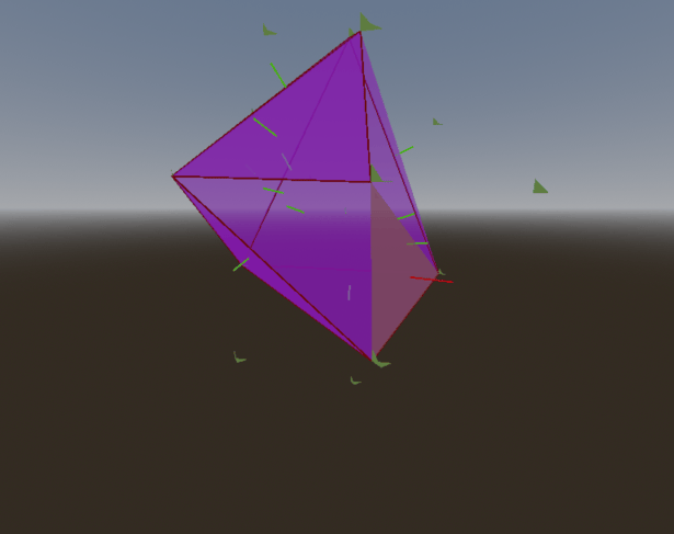 A point in 3D space is being connected to an open polyhedron. There is a red triangle representing a potential triangle to add to it.