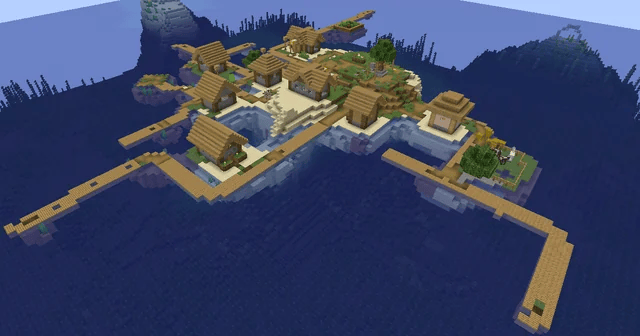 A minecraft village on an island, starting from a "town square" with a tree in the middle and then branching out along a series of roads with occasional houses and farms inserted off of them.