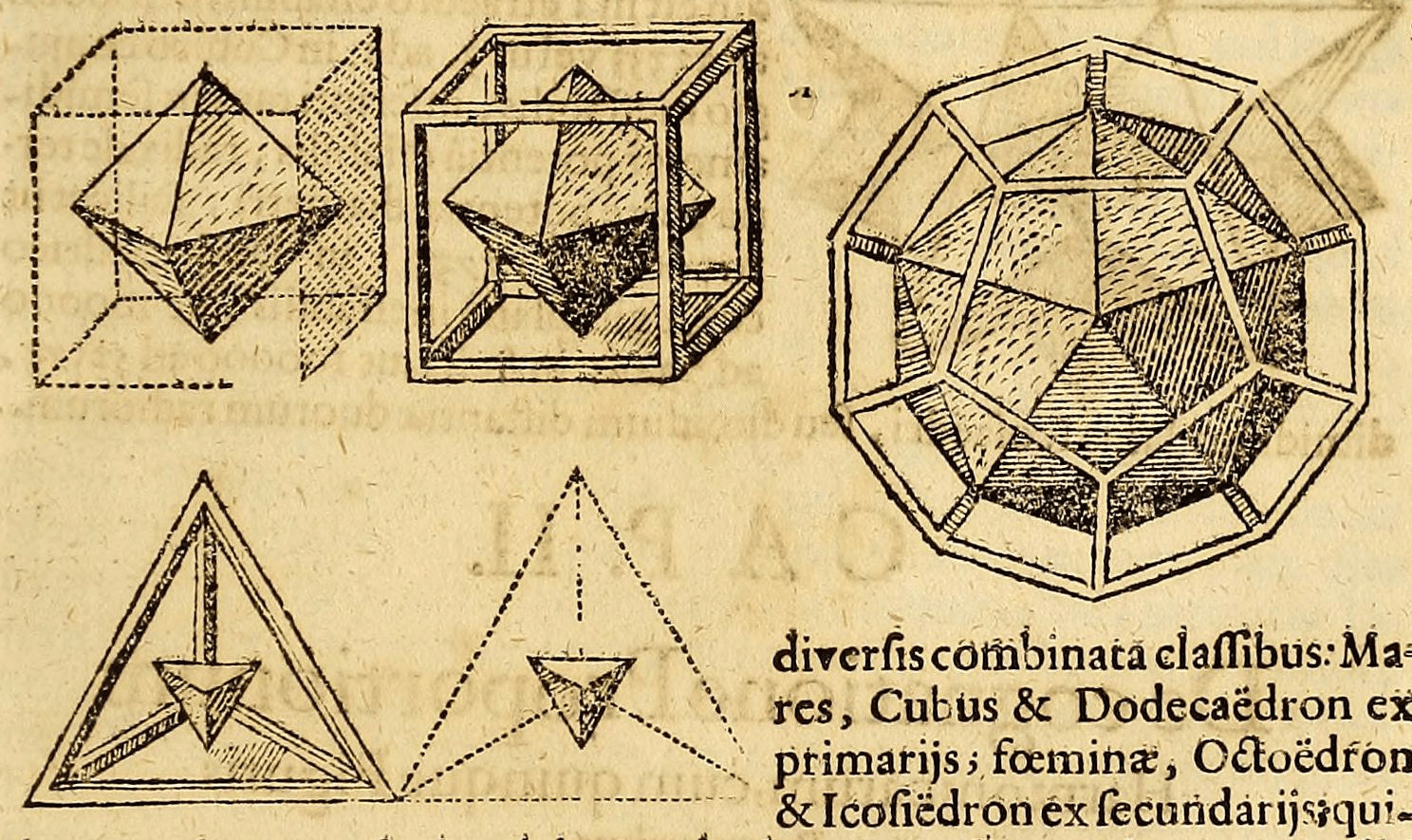 The platonic solids and their duals. The dual of a cube is an octohedron, the dual of a tetrahedron is an... upside down tetrahedron, and the dual of a isohedron is a dodecahedron.