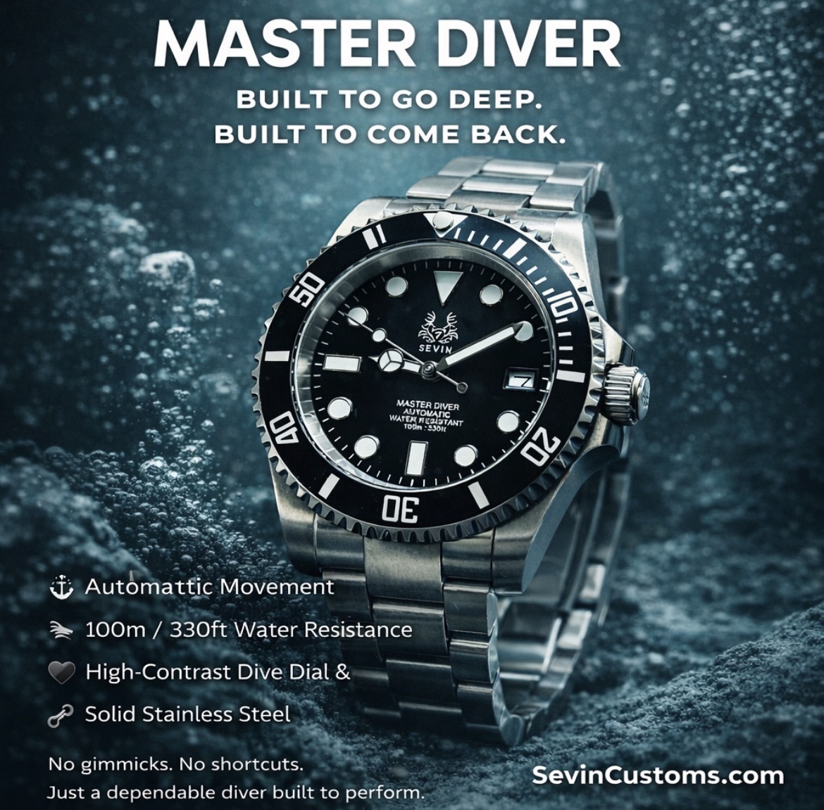 Sevin Black Master Diver-NO DATE CYCLOPS Watch