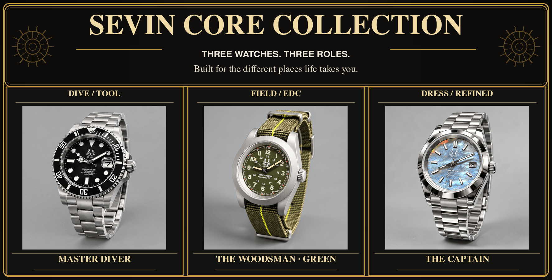 Sevin Core Collection: Master Diver for dive and tool use, Woodsman Green for field and everyday carry, and The Captain for refined dress. Three watches, three roles.