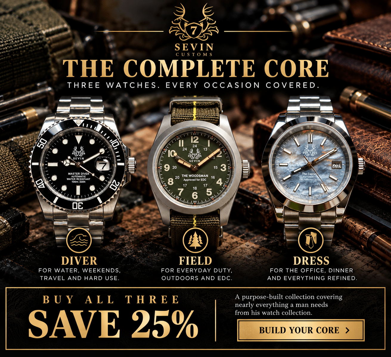 Sevin Customs Complete Core three-watch collection featuring Diver, Field and Dress watches