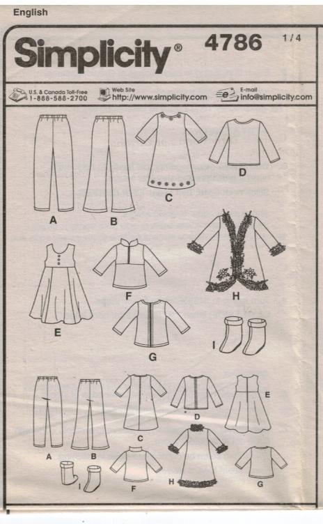 Simplicity Pattern 4786 18″ American Girls Doll Clothes Wardrobe Coat,  jacket, leggings, tunic, dress, jumper, pants, tops – Uncut