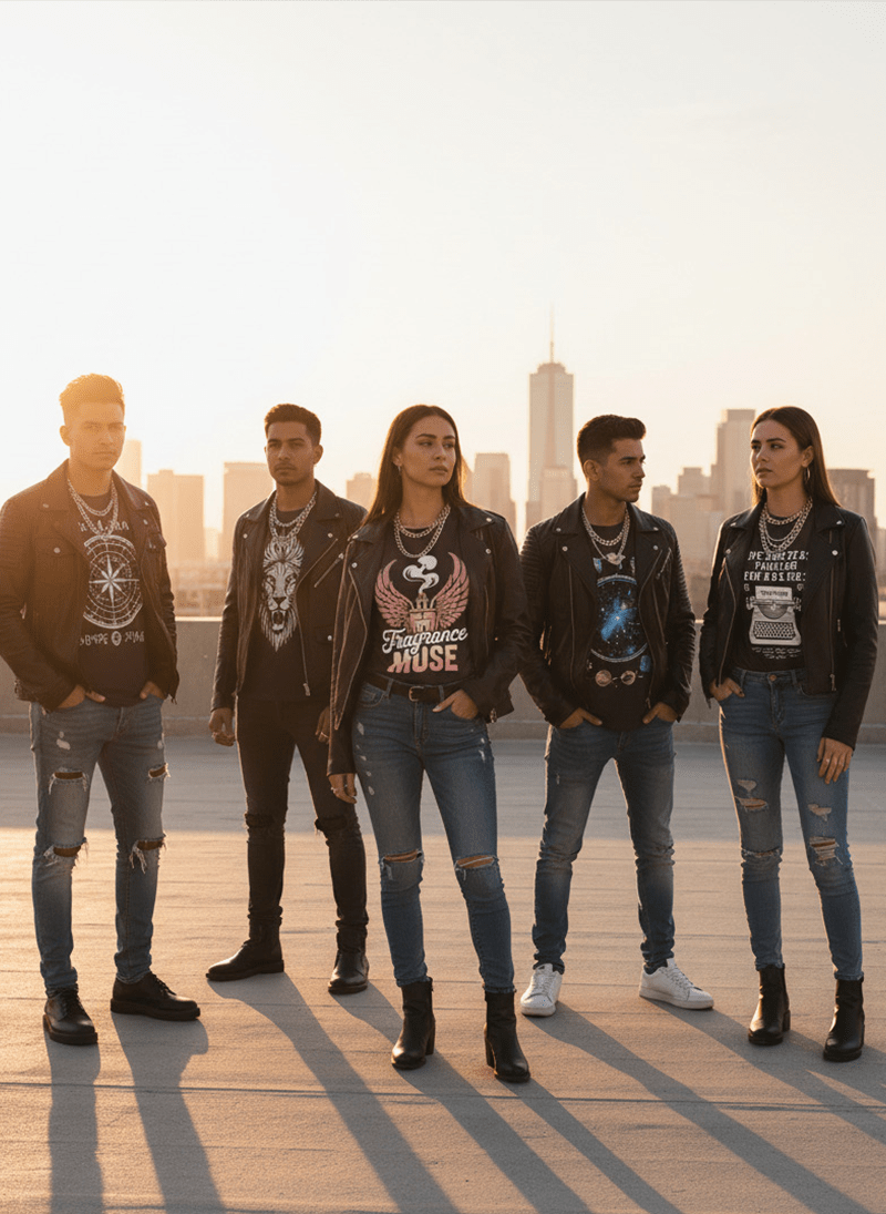 Fragrance Muse Luxe Script Tee Fashion Rooftop Group Shot