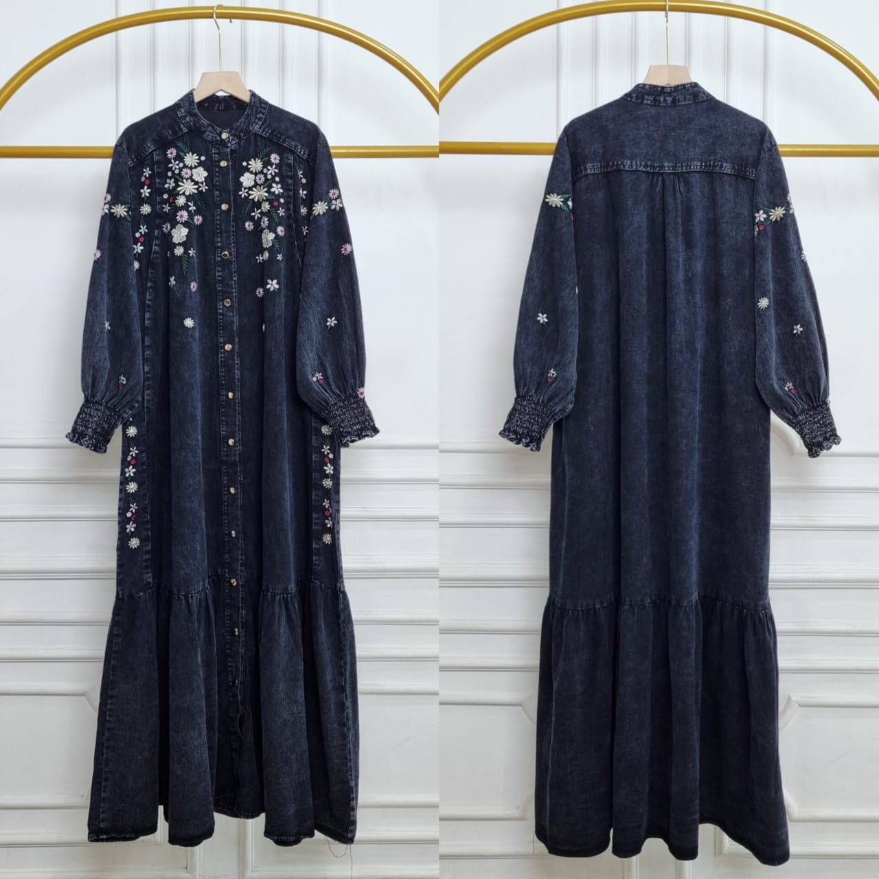 BLACK DENIM EMBROIDERED GOWN