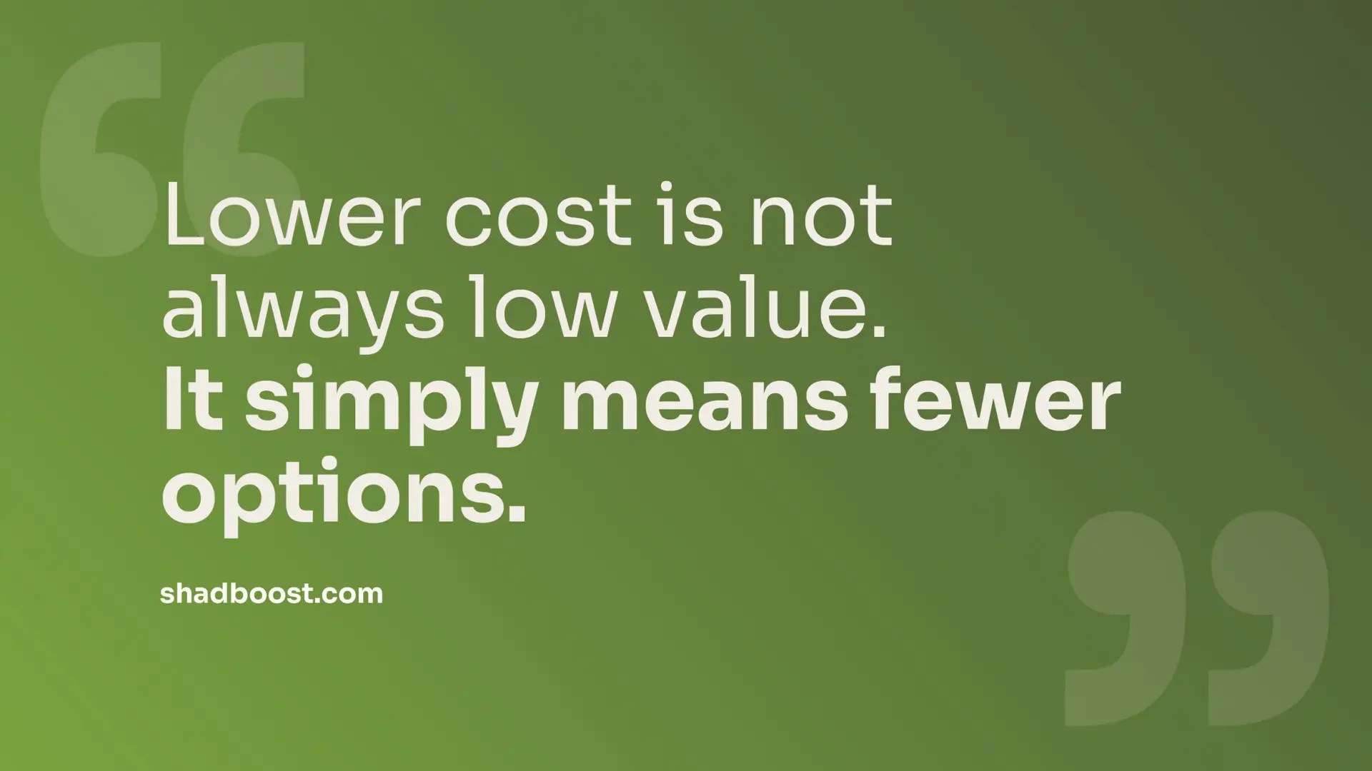 Green graphic with quote: "Lower cost is not always low value. It simply means fewer options." — shadboost.com