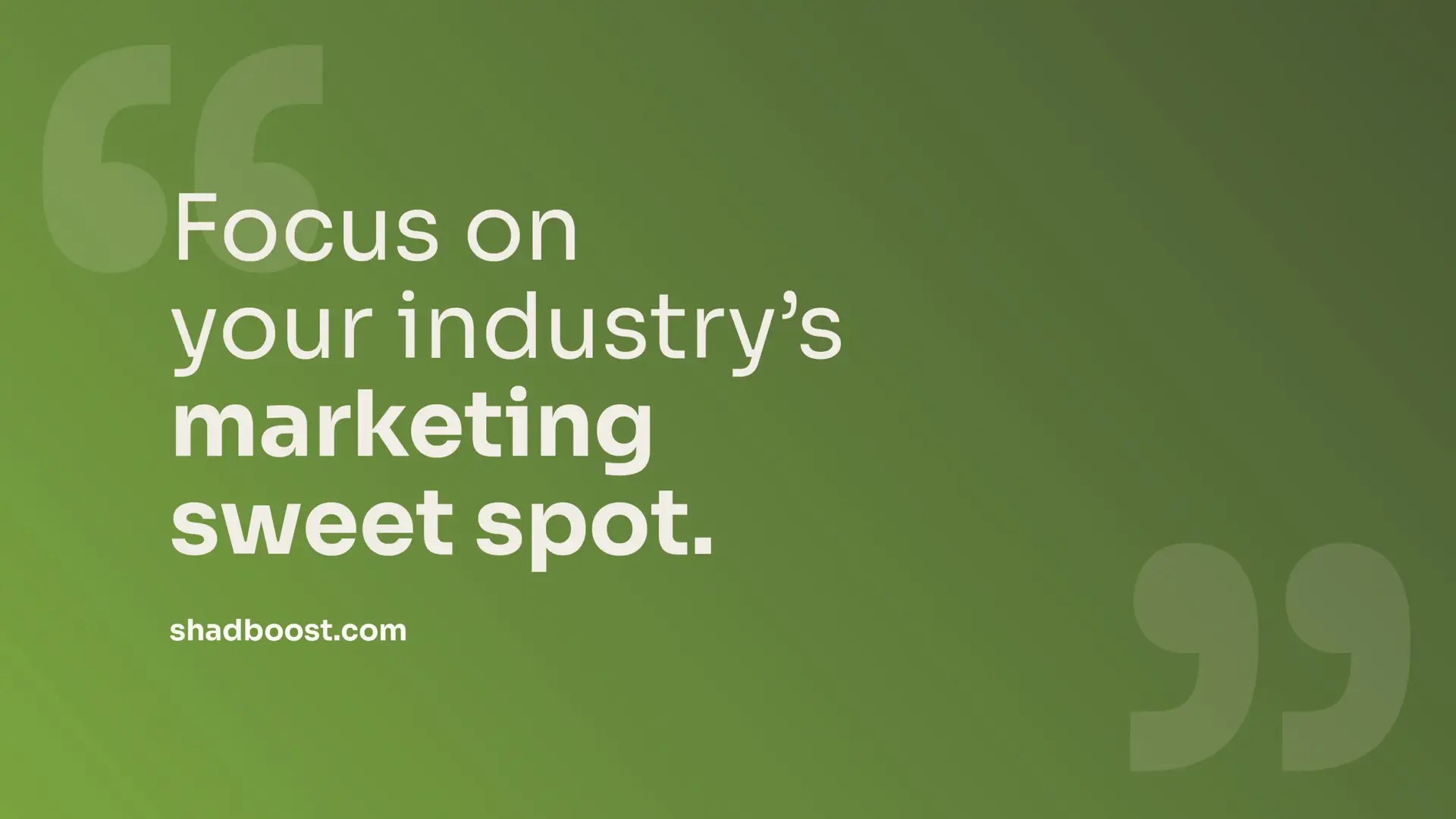 Quote graphic reading "Focus on your industry's marketing sweet spot." from shadboost.com on a green background.