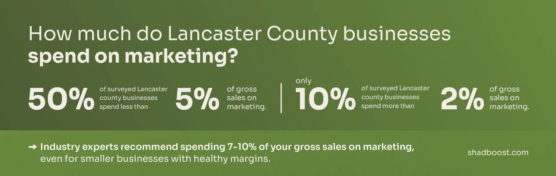 Infographic showing Lancaster County business marketing spend statistics, with industry experts recommending 7–10% of gross sales.
