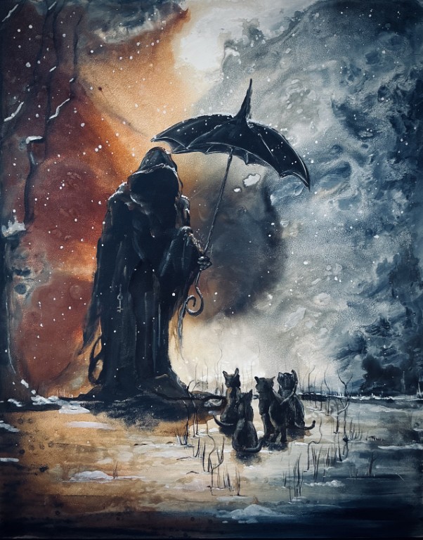 Ghostly Guardian - Original Wood Panel Painting - Spectral Figure with Umbrella Protecting Four Cats