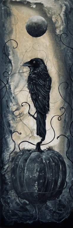 Haunting the Hallows - Original Canvas Painting - Ghostly Raven Perched on Dark Pumpkin
