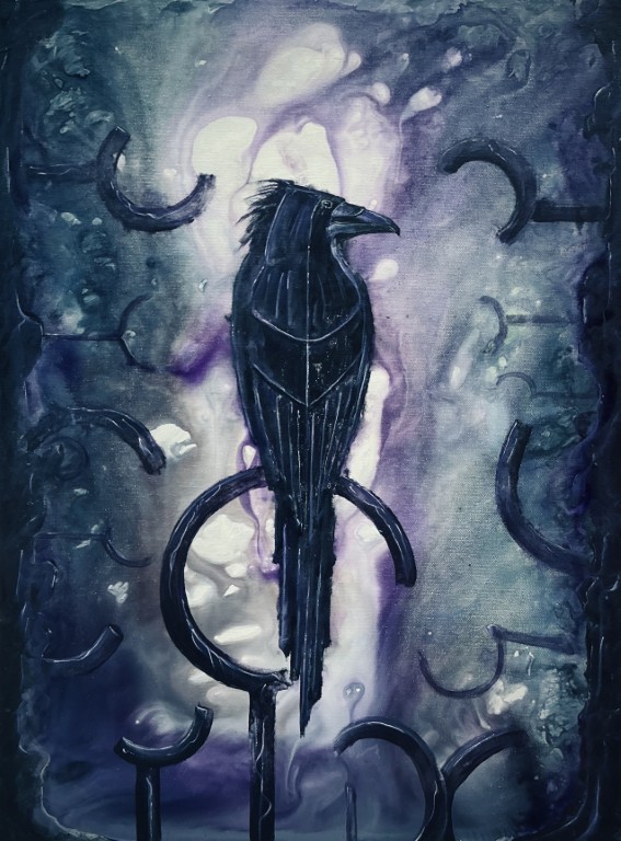 Shadow Rookery - Original Canvas Painting - Dark Black Bird Perched in Surreal Scene