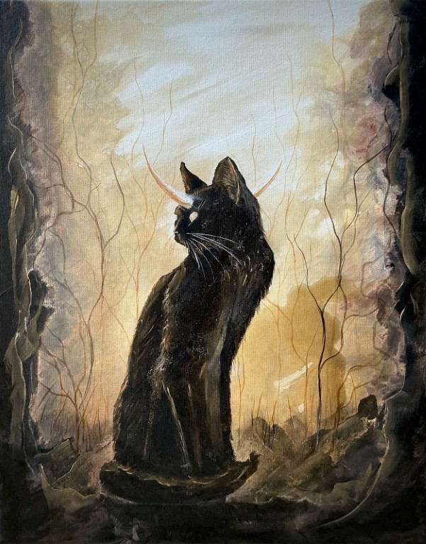 Moonicorn - Original Canvas Painting - Moody Surreal Black Cat with Pale Crescent Horn