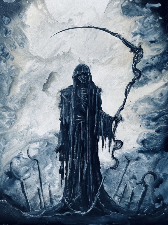 Shadow Harvest - Original Wood Panel Painting - Dark Skeletal Reaper with Twisted Scythe