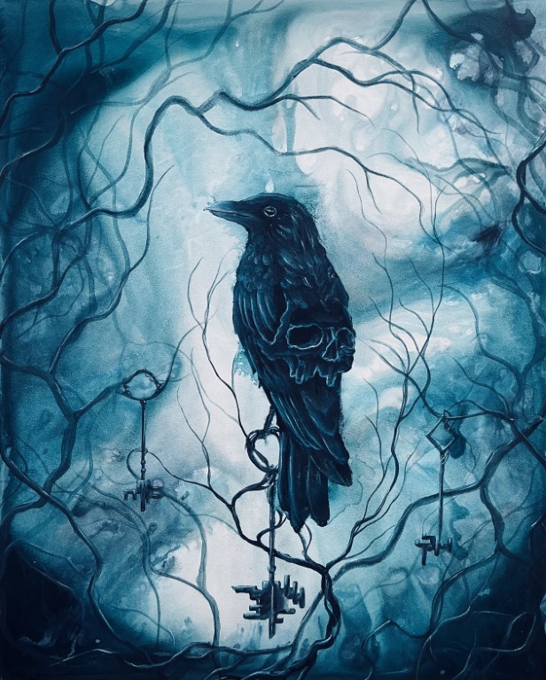 The Cryptographer - Original Wood Panel Painting - Skull Feathered Crow with Dark Surreal Keys