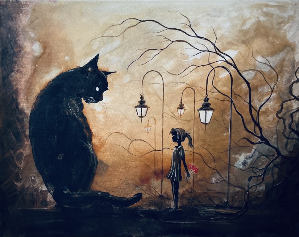 The Secret Sentinel - Original Canvas Painting - Shy Girl Brings Bouquet to Giant Black Cat