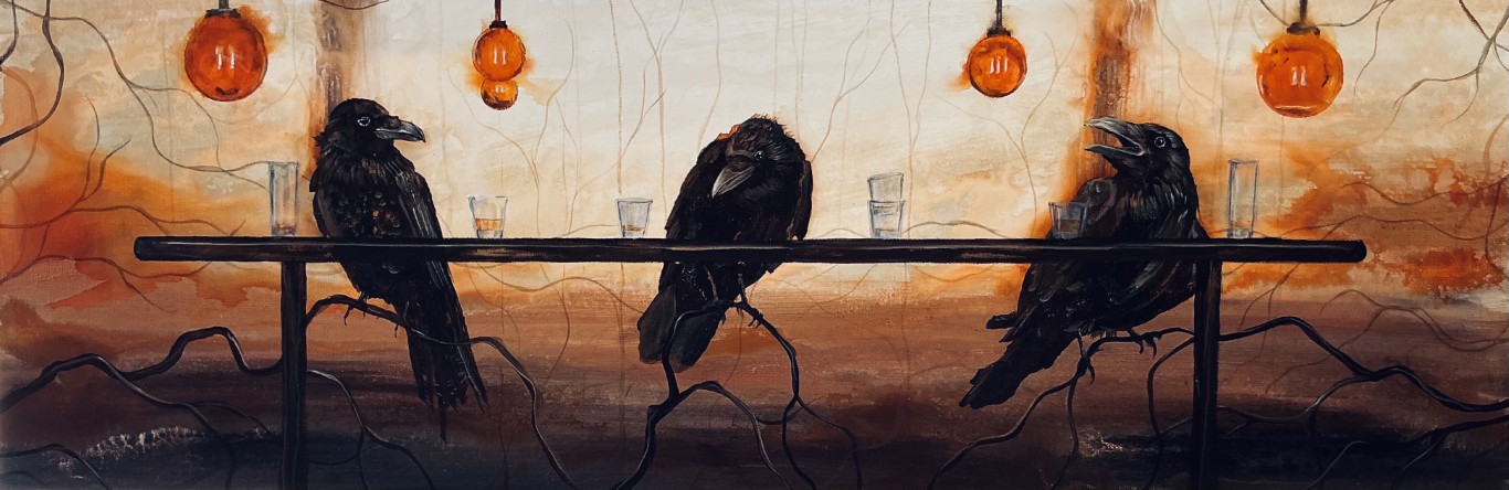 Top Shelf Trio - Original Canvas Painting - Three Tipsy Crows Gossiping at Treetop Bar