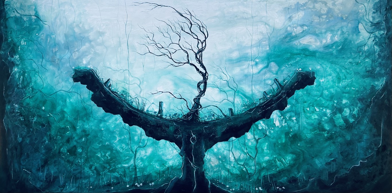 Undulation - Huge Original Canvas Painting - Leafless Dark Tree Rising from Mystical Totem